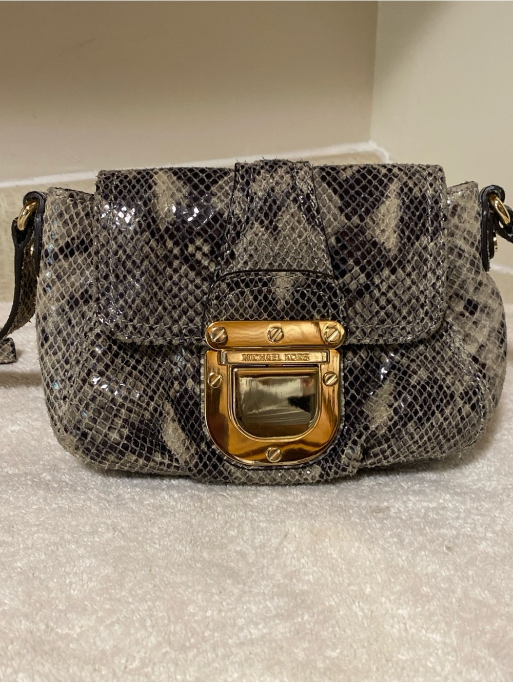 Michael Kors Snake-Embossed Crossbody Bag in Black & Cream with Gold Hardware